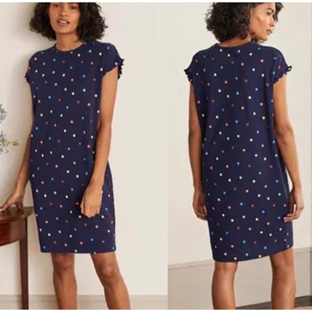 Boden Faye Jersey Dress Navy Blue Multicolor Polka‎ Dot Ruffle Sleeve Cotton 8R